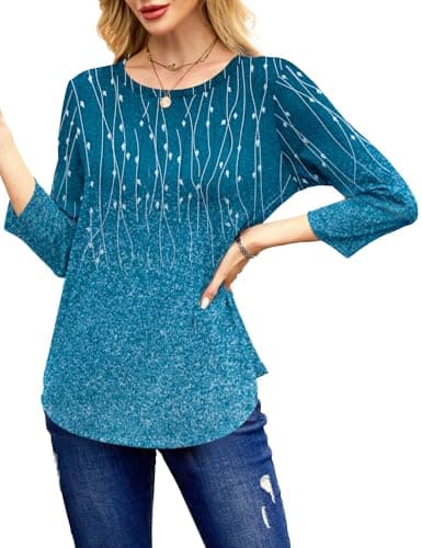 NORACORA Women's 3/4 Length Sleeve Crew Neck T-Shirt - Printed Casual Basic Tops Cyan - Thumbnail 3