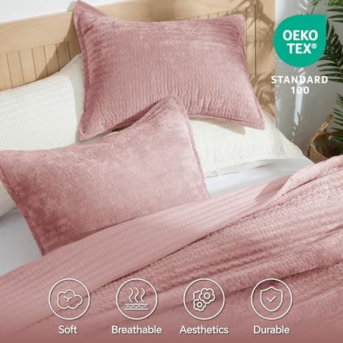 BEDELITE Velvet Quilt Set King Size, Luxury Velvet Comforter for All Season, Lightweight Soft Quilted Bedding Set, Striped Channel Oversized Bedspread Coverlet with 2 Pillow Shams, Rose Pink - Thumbnail 6
