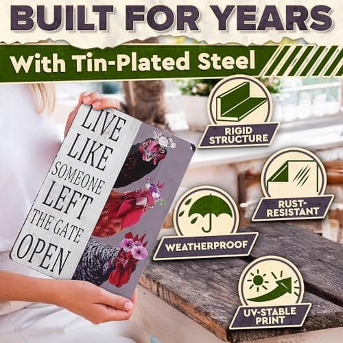 Metal Funny Chicken Coop Signs for Outside 8x12 inch - Live Like Someone Left The Gate Open Sign – Rustic Tin Farmhouse Wall Art and Vintage Chicken Decor for Kitchen, Porch, Barn, Backyard, or Garden - Thumbnail 3