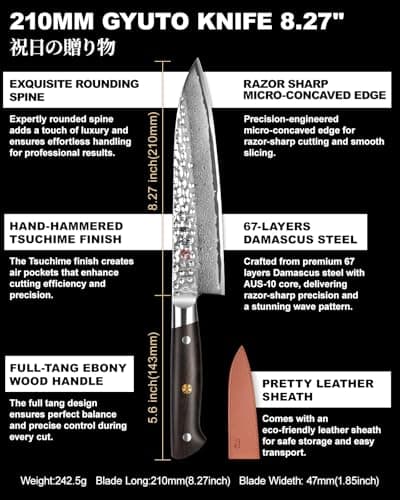 kanngou Japanese Chef Knife Kitchen Knife with 67 Layers Damascus Steel AUS-10 Core, Professional Damascus Knife with Full-Tang Ebony Wood Handle and Premium Gift Box (8.27 Inch Gyuto Chef Knife) - Thumbnail 2