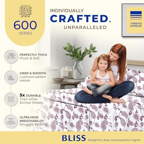 THREAD SPREAD Luxury Egyptian Cotton California King Printed Sheet Set, 600 Series Bliss Collection Extra Long Staple Set (4 PC, Paisley), Cal King Sheets Upto 18" Deep Pocket - Thumbnail 5