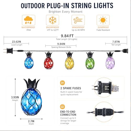 Vigdur Pineapple String Lights - Outdoor Patio Lights Plug in with 10 Pineapple Bulbs Connectable, Indoor String Light for Bedroom Bistro Tiki Decor(10FT - Thumbnail 4
