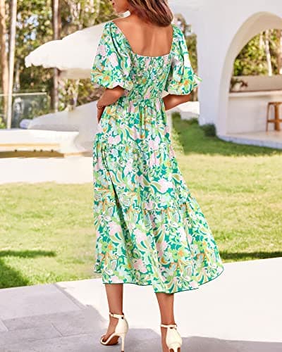 BTFBM Summer Dresses for Women 2026 Spring Outfits Beach Vacation Short Sleeve Smocked Boho Casual Floral Maxi Dress(Print Green, Medium) - Thumbnail 4