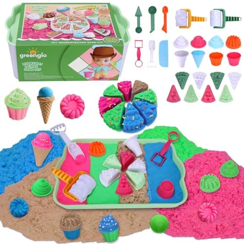 greenglo Kids Sensory Sand Playset - 2.2 LBS Colored Sand (1* Soft Magic, 3* Firm Modeling) with 23 Cake & Dessert Molds w Sensory Bin, Educational Sand Kit for Toddlers & Kids Ages 3-8 - Image 1