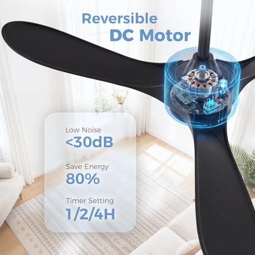 KASASS Black Ceiling Fan No Light, 52" Outdoor Fans for Patios/Porch/Bedroom/Kitchen with Remote, Noiseless, 3 Downrods, 6 Speed, Reversible DC Motor, Modern, 3 Blades, Timer - Thumbnail 2