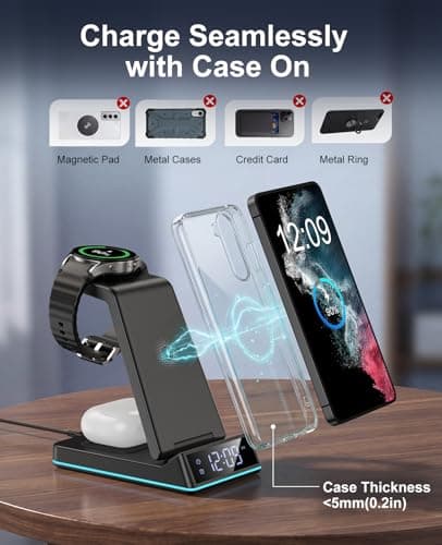 Wireless Charger for Samsung,7 in 1 Wireless Charging Station Foldable Fast Charger Stand with Night Light/Alarm Clock for Samsung Galaxy S26/S25/S24/S23/S22/S21/Galaxy Watch Ultra/8/7/6 Galaxy Buds - Thumbnail 4