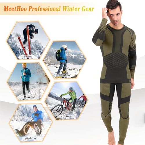 MeetHoo Mens Thermal Underwear Set Seamless Fleece Lined Base Layer Sports Long Johns Winter Gear Running Skiing Green - Thumbnail 5