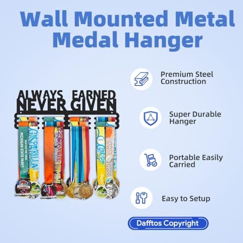 Dafftos Medal Hanger Ribbon Holder Display Medals Wall Mounted Metal Trophy Rack Organizer Frame Awards Ribbon Cheer Gymnastics Soccer Softball Runner Hold Medals Easy to Install (Earned 14 inch) - Thumbnail 3