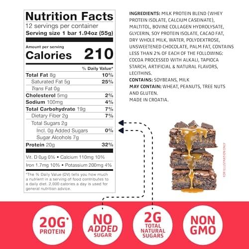 Satisfy Your Crave Protein Bars– High Protein Delicious Snacks– 20g of Protein, No Added Sugar– Chocolate Caramel Crisp– Perfect for Breakfast, On-the-Go Snack, Pantry Staple & Office Treat– Non-GMO, 12 Pack - Thumbnail 2