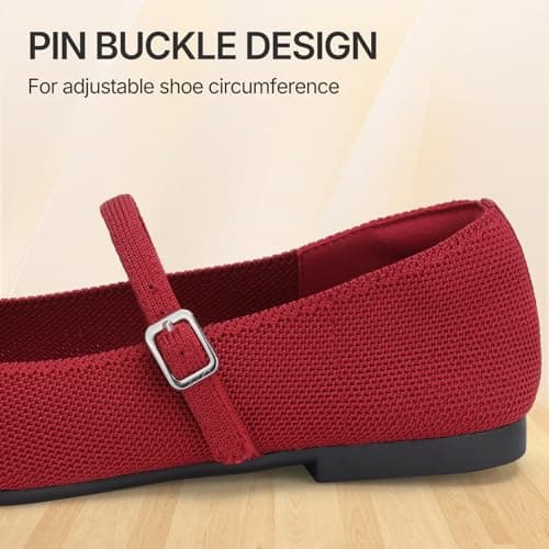 ATHMILE Square Toe Ballet Flats Mary Janes Shoes Women with Padded Heel & Adjustable Strap, Knit Slip-On Flats for Women for Office, Dressy & Casual, Machine Washable for Easy Care Red Size 10 - Thumbnail 3