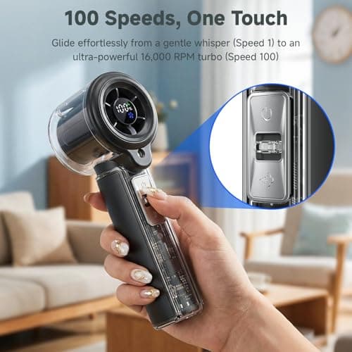 COKUNST Handheld Fan with Mist Spray & 1-100 Speed, Toggle Button & LED Digital Display, 3000mAh USB Rechargeable, 16000 RPM Turbo Mini Fan for Travel Outdoor Camping Makeup Home Office – Black - Thumbnail 2