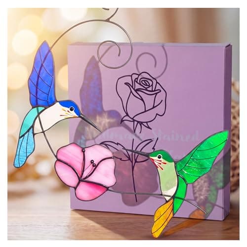Hummingbird Stained Glass Window Hanging, Handmade Humming Bird with Flower Suncatcher, Sun Catcher Indoor Decor, Decoration, Gift for Women Mom Bird Lover, 10"(W) X8(H), Gift Package, Hanger Given - Image 1