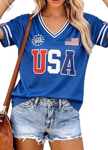 MYHALF 250th Anniversary USA Jerseys for Women - 4th of July Shirts American Flag Graphic Tee Patriotic Baseball Outfits - Image 1