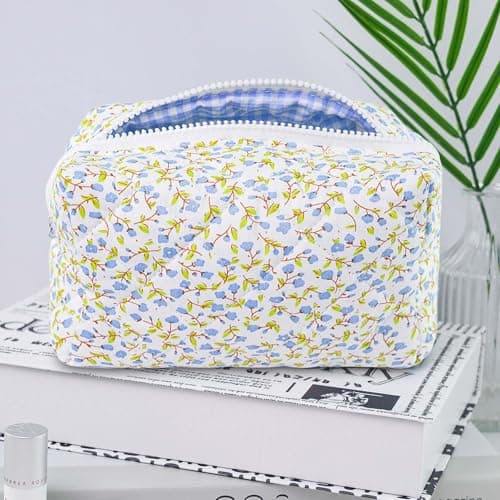 Quilted Makeup Bag Floral Cotton Make up Bag Puffy Coquette Makeup pouch Aesthetic Cute Travel Toiletry Bag for Women Girls - Thumbnail 5