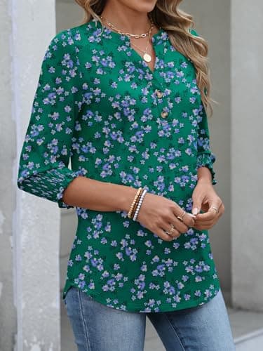 ANRABESS Women's 3/4 Sleeve Henley Blouse, Soft V Neck Top for Dressy Casual, Work & Business Office Wear Green Purple Floral XX-Large - Thumbnail 4