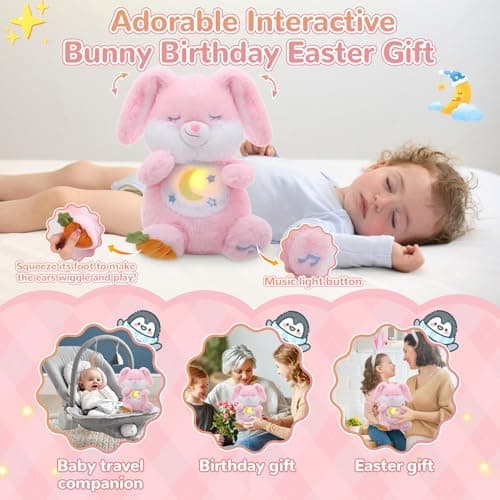 Breathing Stuffed Animal, Soothe Snuggle Pink Easter Bunny Stuffed Animal for Anxiety Adults and Kids, Volume Control Soothing Bunny Plush with Realistic Breathing and Lights, Easter Basket Stuffers - Thumbnail 5