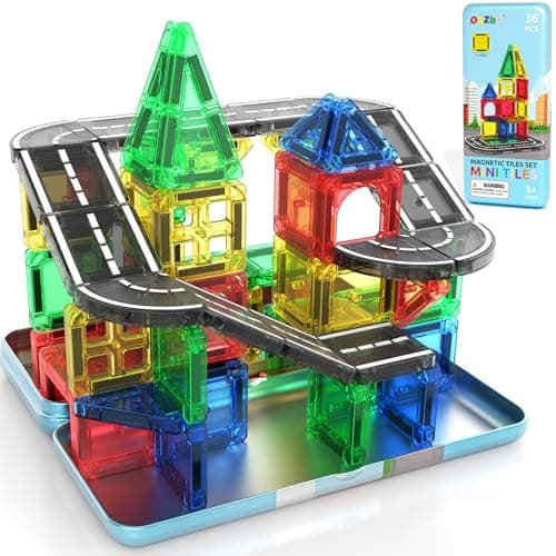 ORZbb Mini Magnetic Tiles Road with Case Toddler Travel Toys Trip Essentials Set, Magnetic Building Blocks Toys for 3 4 5+ Year Old Boys Girls Montessori Sensory Learning Easter Birthday Gifts - Image 1