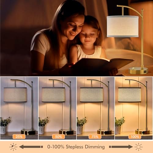 Hikczc Table Lamp for Living Room Bedroom, 23.5" Table Lamp with USB C+A Ports, Bedside Lamp for Nightstand with Linen Lamp Shade, Dimmable LED Bulb Included, Gold - Thumbnail 5