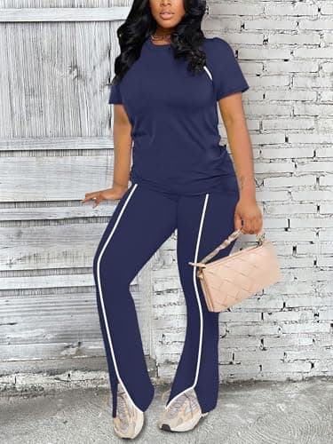 STOLKISS Lounge Sets for Women 2 Piece Summer Casual Crewneck Jogger Workout Outfits Short Tops Long Pants Sweatsuit Leggings Sets Blue M - Thumbnail 3