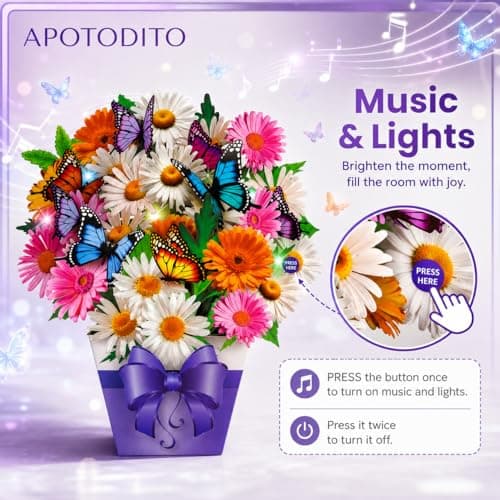 APOTODITO Mothers Day Card, Butterfly Cards with Music and Light, Flower Bouquet Card, Mothers Day Gifts for Mom, Women, Wife, Sister (daisy and butterfly) - Thumbnail 2