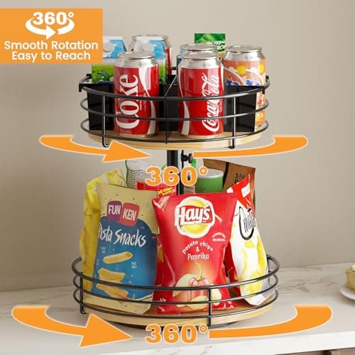 2 Tier Lazy Susan Turntable Organizer Adjustable - 12 Inch Snack Organizer Wood Rotating Spice Rack for Kitchen Countertop Pantry Cupboard Bathroom Coffee Bar Home Storage, Black - Thumbnail 2