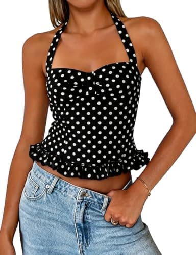 Lingswallow Polka Dot Halter Tops for Women Sleeveless Y2K Going Out Top Tie Up Backless Ruffle Hem Camisole Crop Tank Top Black Polka Dot Top - Image 1