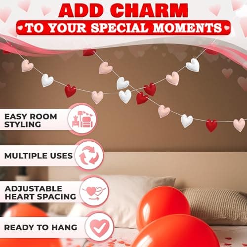 Felt Heart Garland Decorations with 3D Felt Hearts – Adjustable Spacing on 7.3 FT String for Fireplace, Wall or Shelf Styling – Heart Garland for Mantle in Pink, Red and White with 16 Sliding Hearts - Thumbnail 2