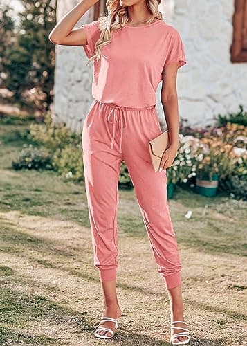 KIRUNDO Jumpsuits for Women Summer 2026 Casual Short Sleeve One Piece Outfits Drawstring Waist Long Pants Romper Jumpers(Light Pink, Small) - Thumbnail 4