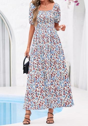 BTFBM Spring Summer Dresses for Women 2026 Puff Short Sleeve Smocked Floral Print Boho Beach Wedding Guest Maxi Dress(Floral Beige Multi, Medium) - Thumbnail 6