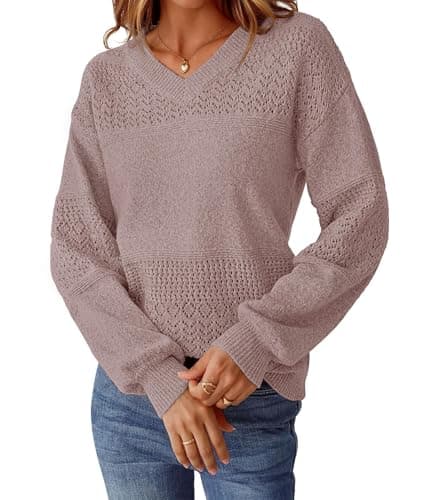 NORACORA Womens Fall Sweaters 2025 V Neck Casual Long Sleeve Ribbed Knit Oversized Pullover Lightweight Crochet Loose Sweater Tops Pink - Thumbnail 3