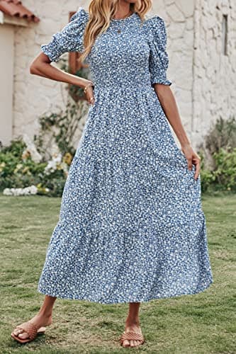 BTFBM Women Casual Summer Dresses 2025 Spring Crew Neck Ruffle Short Sleeve Floral Print Smocked Boho Flowy Maxi Dress(Floral Blue White, Medium) - Thumbnail 2