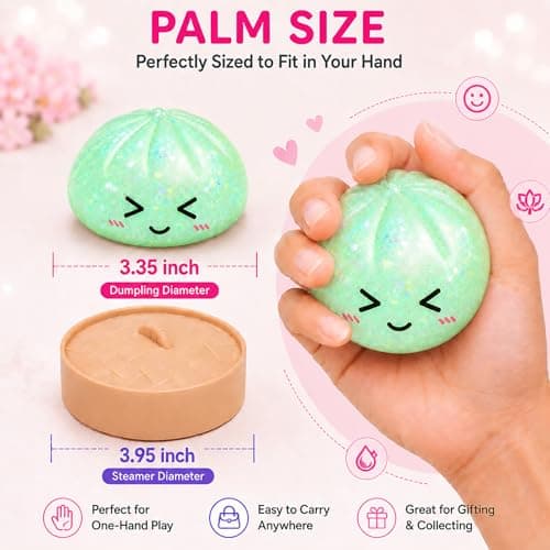 Glitter Green Dumpling Squishies, Shimmering Colorful Squishies Dumplings, Mystery Bao Bun Squishys with Steamer Box, Soft Squeeze Stretch Desk Toy for Stress Relief, Washable Fidget Sensory Tool - Thumbnail 4