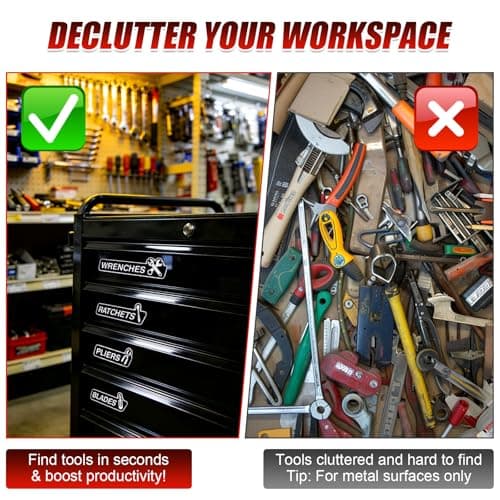 Magnetic Tool Box Labels and Hooks Set, 12 PCS Toolbox Magnetic Labels + 4PCS Self Adhesive Metal Hooks, Reusable Tool Box Accessories Organize for Steel Carts, Drawers, and Cabinets(Black) - Thumbnail 2