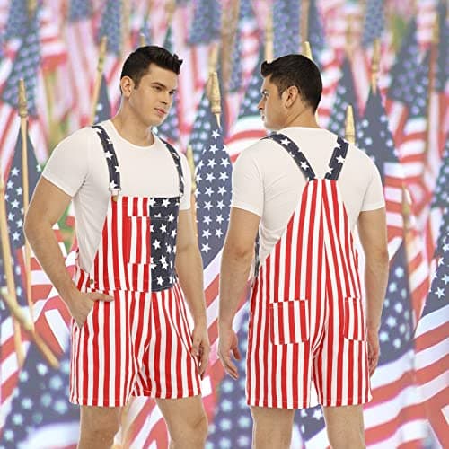 Jumpfolia Unisex Patriotic American Flag Print Denim Bib Overall Shorts Jeans - Mens & Womens One Piece Jumpsuit (F04-3XL - Thumbnail 3