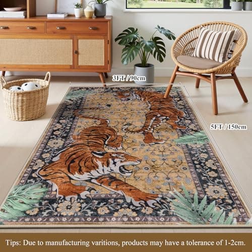 Ileading Vintage Oriental Tropical Jungle Hippie Tiger Area Rug 3x5 Non Slip Carpet for Living Room Brown Soft Low-Pile Thin Machine Washable Accent Floor Mat for Bedroom Dining Room - Thumbnail 3