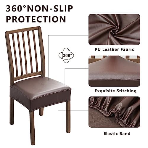 NILUOH Waterproof Seat Covers for Dining Room Chairs Set of 4, Pu Leather Chair Seat Slipcovers Dining Chair Cover Removable Washable Chair Protctor Cover, Rear Covers (PU-Coffee) - Thumbnail 2