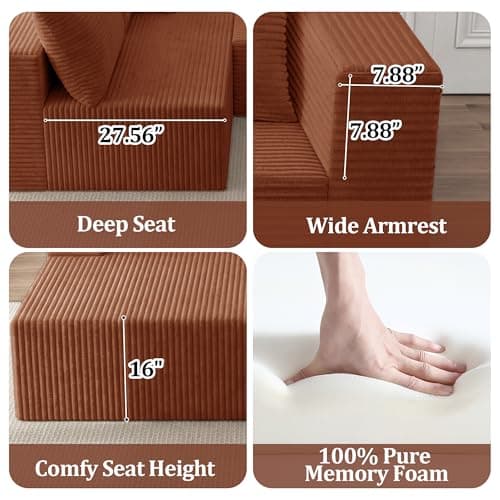 92.5" Modular Sectional Sofa, L-Shape 3 Seat Memory Foam Boneless Couch for Living Room, Cloud Couch with Oversized Chaise, No Need Assembly - Brown(Left Facing Chaise) - Thumbnail 6