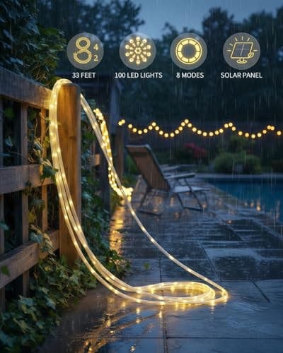 Solar Rope Lights, 33FT 100LED String Lights Outdoor, 8 Lighting Modes Solar Powered Rope Lights for Christmas Easter Party Holiday Tree Decoration, Warm White - Thumbnail 6