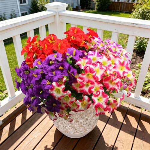 UJROQI Artificial Flowers for Outdoors Fake Plants Outside, 16 Bundles Silk Morning Glory with Eucalyptus, UV Resistant Realistic Faux Flowers for Planters Porch Patio Garden Balcony Decor (4 Color) - Thumbnail 6