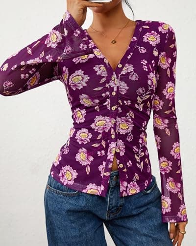 BTFBM Button Down Shirts for Women 2026 Spring Boho Tops V Neck Long Sleeve Blouses Ruched Mesh Fitted Fashion Clothing(Purple, Large) - Thumbnail 6