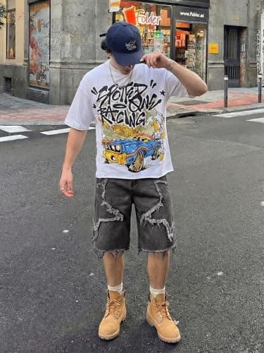 JMIERR Men's Jeans Shorts Baggy Loose Fit Knee-Length Jorts Mid Rise Wide Leg Vintage Y2K Hip Hop Streetwear Denim Shorts, Black, X-Small - Thumbnail 3