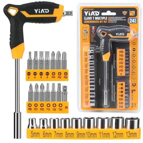 24-Piece T-Handle Magnetic Screwdriver Set, 14 CR-V Steel Bits & 9 Nut Drivers (5-13mm), Ergonomic Non-Slip Grip All-in-One Hand Tool for Household Repair, DIY & Bicycle Maintenance