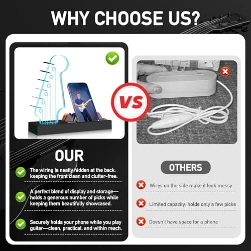 Light Up Guitar Pick Holder—Electric Guitar Headstock Design with 7-Color Changing Lights,Gifts for Music Lovers,Guitar Pick Display and Storage With Wooden Base&Phone Stand,Guitar Accessories. - Thumbnail 4