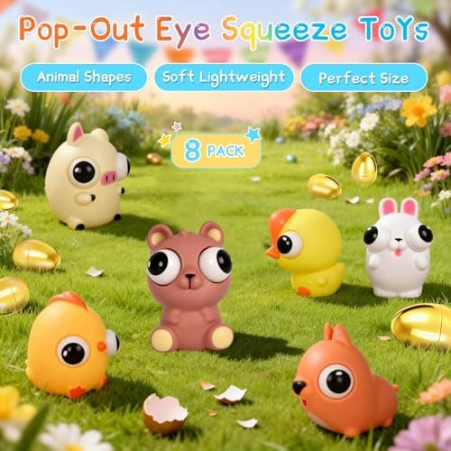 Aurdox 8 Pack Jumbo Golden Easter Eggs Fillers with Popping Eyes Fidget Toys, Squeeze Animals for Stress Relief, Easter Basket Stuffers & Easter Hunt Party Favors Classroom Prize Gifts for Kids - Thumbnail 2