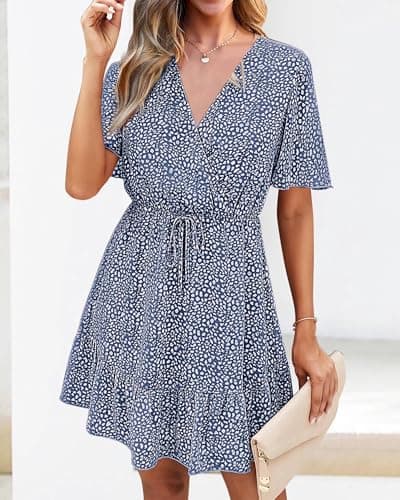KIRUNDO Womens Summer Dresses 2026 Casual Spring Short Sleeve V Neck Ruffle Floral Print High Waist Belted Flowy Mini Dress(X-Large, Dark Blue) - Thumbnail 4