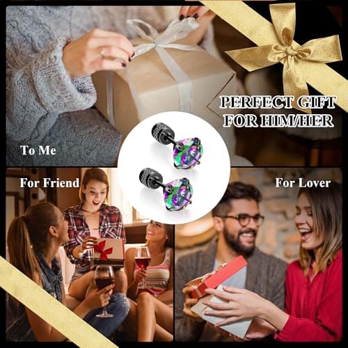 MHWTTY Hypoallergenic Cartilage Earrings for Women Men, 1 Pairs Titanium Stud for Women Gold Silver Black 20G Post & Screw Back with Cubic Zirconia 3 4 5 6 7 mm Piercing Jewelry (Black+Rainbow CZ, 7mm) - Thumbnail 3