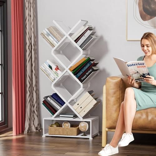 Gintan 9-Tier Corner Bookshelf with Storage,Bedroom Shelves Folding Bookshelves,No Installation Required Shelf Tree Bookcase for Living Room,Study,Home Office,Bed Room (White) - Thumbnail 2