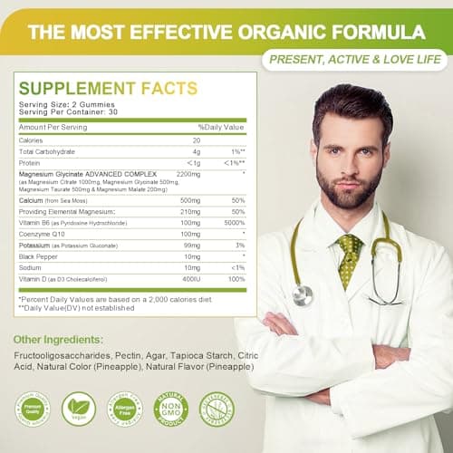 GREENPEOPLE Magnesium Glycinate Gummies with Citrate 1000mg, Taurate & Matale - Sugar Free - Magnesium Potassium Supplement with Vitamin D, K2 for Calm Mood & Zzz Support - 60 Pineapple Gummies - Thumbnail 5