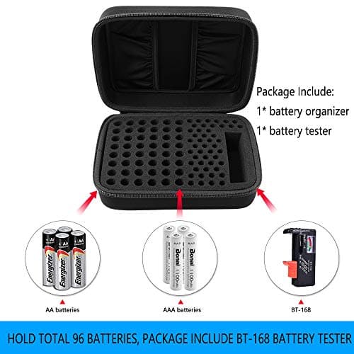 Comecase Battery Organizer Storage Box Case Holder for 48 x AA, 48 x AAA Total 96 Batteries with Battery Tester, Extra 2 Pockets for Other Accessories - Thumbnail 4