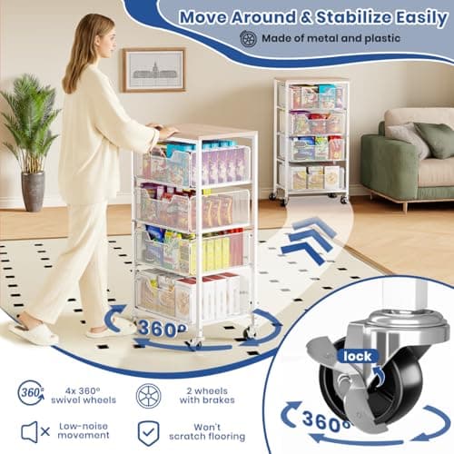 Goovilla Kitchen Cart with Drawers, 4 Tier Metal Rolling Utility Cart Organizer on Lockable Wheels with Wooden Top, White Fruit Vegetable Storage Rack Also for Cans, Snack, Craft, Art, Office, Beauty - Thumbnail 6